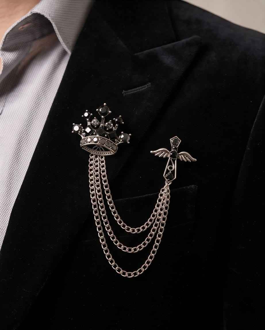 Midnight Crown & Wing Chain Lapel Pin-0