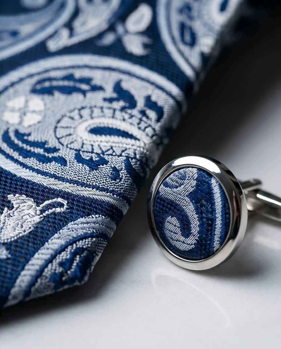Navy Paisley Tie Set with Matching Pocket Square & Cufflinks-2