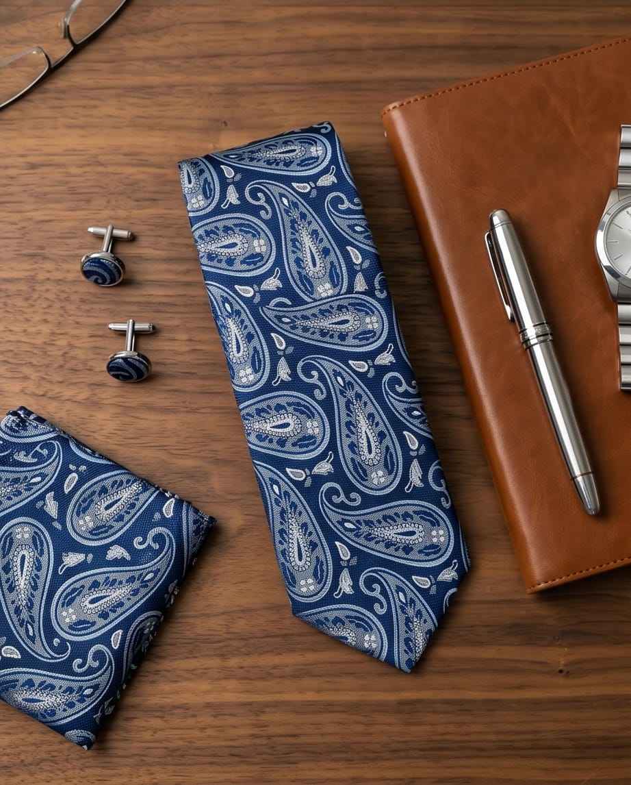 Navy Paisley Tie Set with Matching Pocket Square & Cufflinks-3
