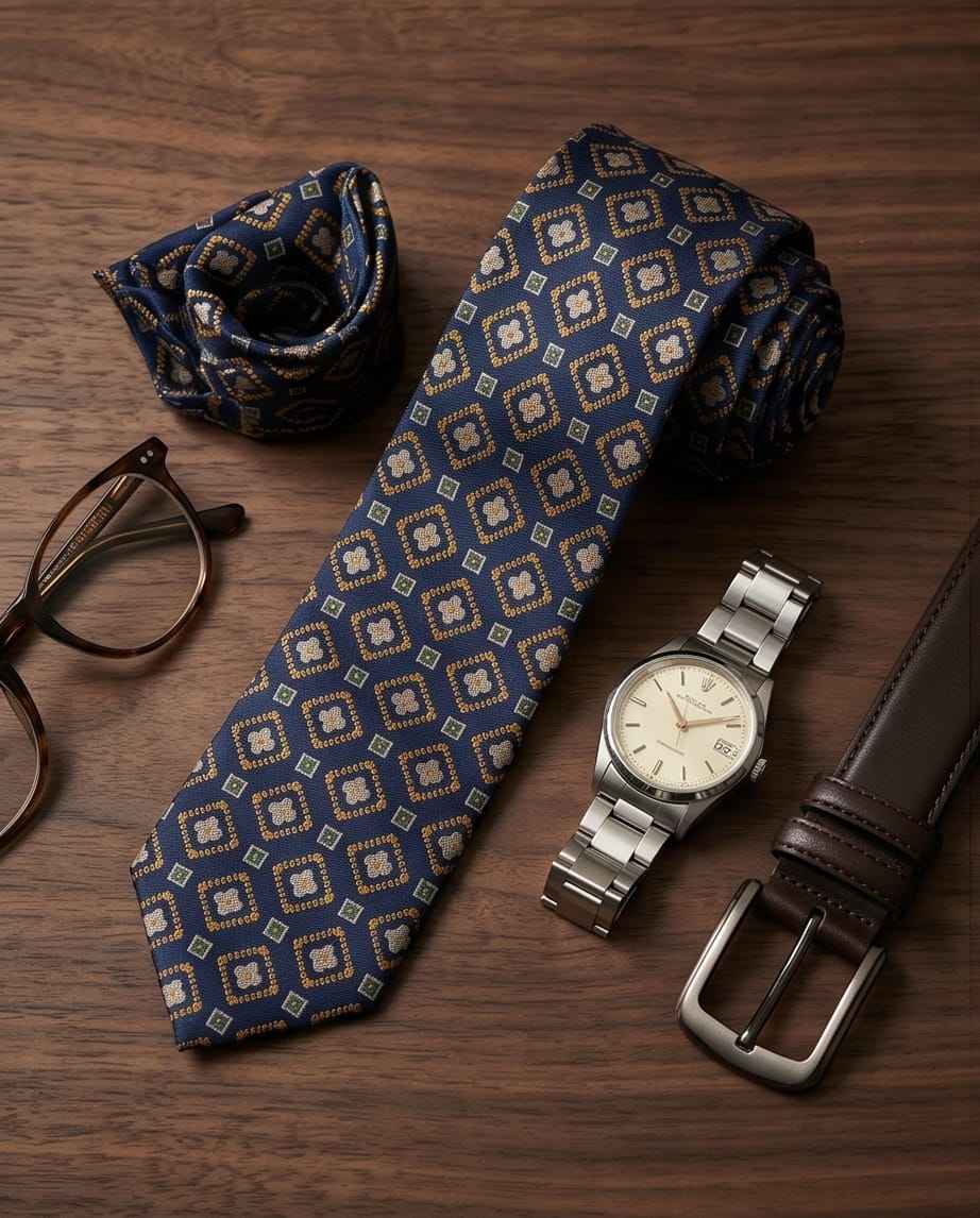 Navy & Gold Geometric Tie Set with Matching Cufflinks-2