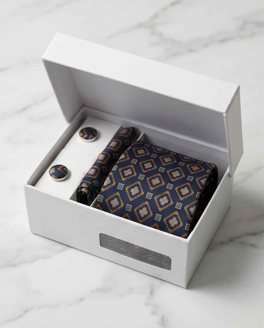 Navy & Gold Geometric Tie Set with Matching Cufflinks-0