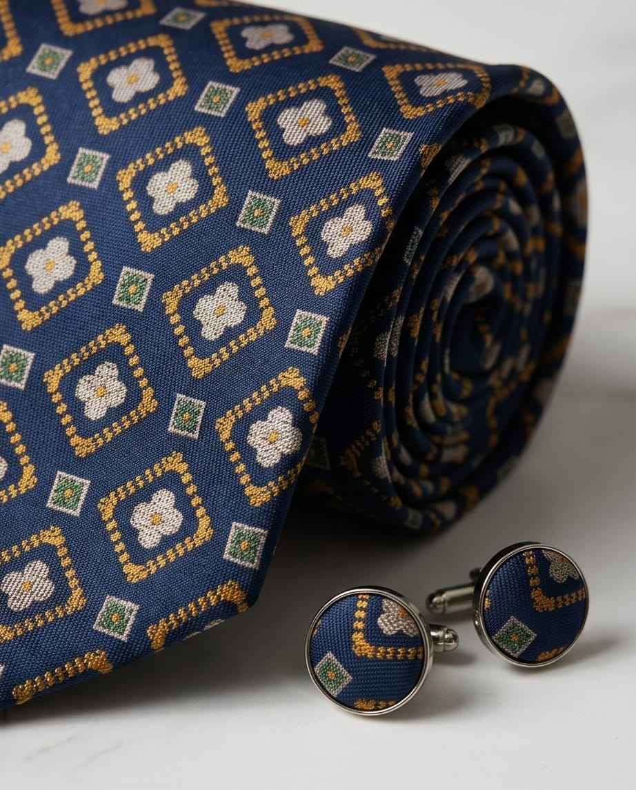 Navy & Gold Geometric Tie Set with Matching Cufflinks-1