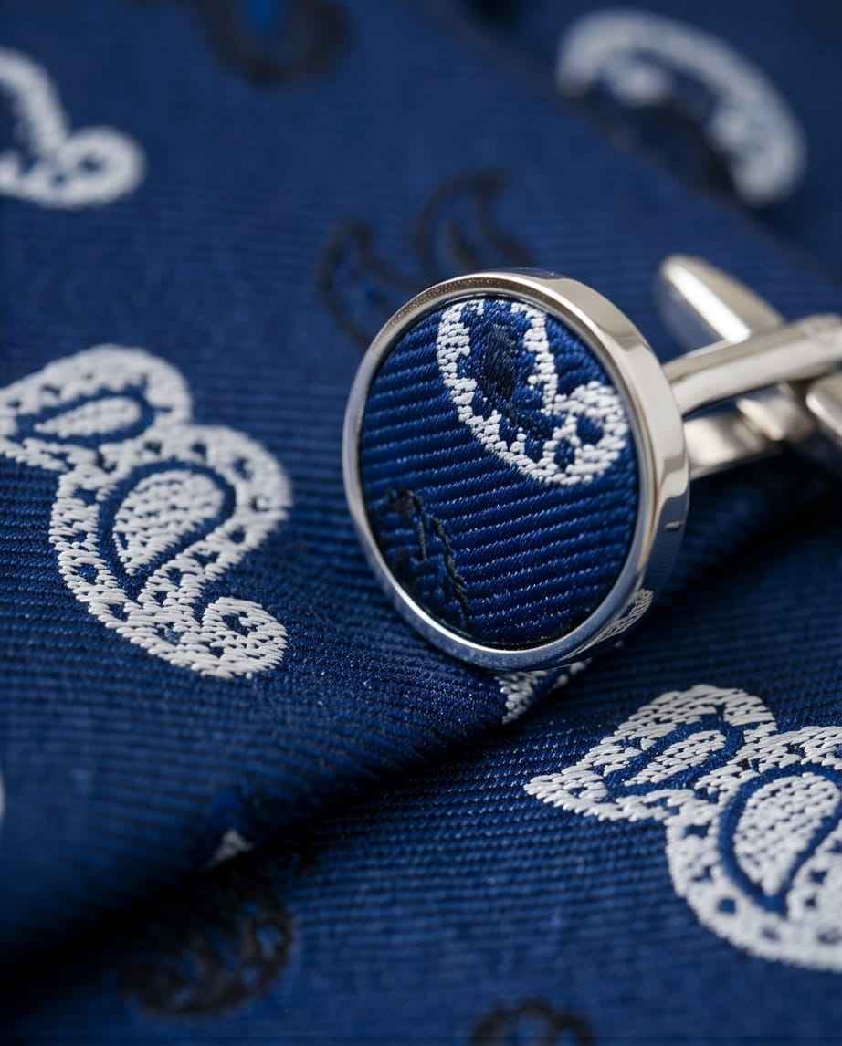 Sophisticated Paisley Ensemble: Navy Blue Tie, Cufflinks & Pocket Square Gift Set-2