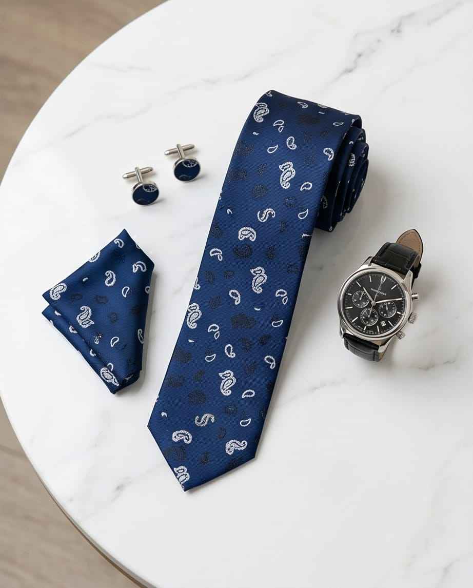 Sophisticated Paisley Ensemble: Navy Blue Tie, Cufflinks & Pocket Square Gift Set-1