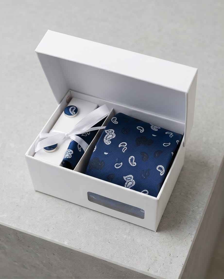 Sophisticated Paisley Ensemble: Navy Blue Tie, Cufflinks & Pocket Square Gift Set-0