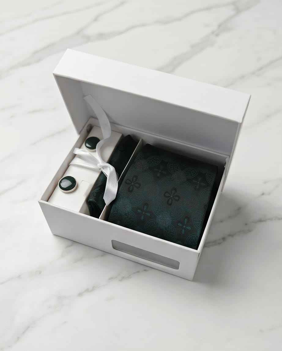 Deep Teal Jacquard Tie Set with Cufflinks & Pocket Square-0