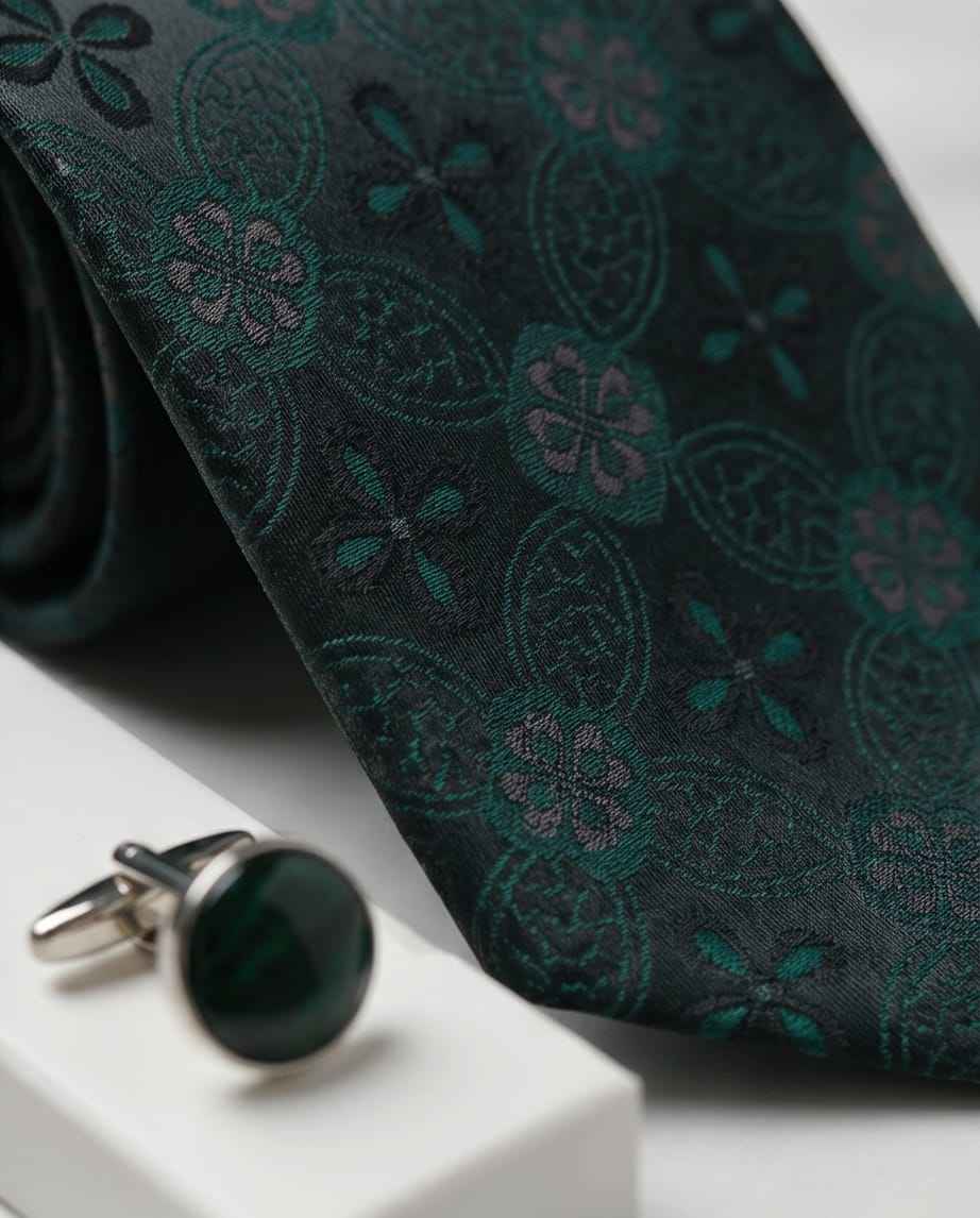 Deep Teal Jacquard Tie Set with Cufflinks & Pocket Square-2