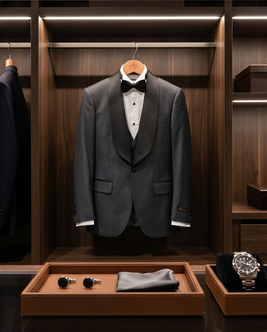Men’s Slim Fit Wool-Blend Tuxedo with Satin Shawl Lapels – Charcoal-1