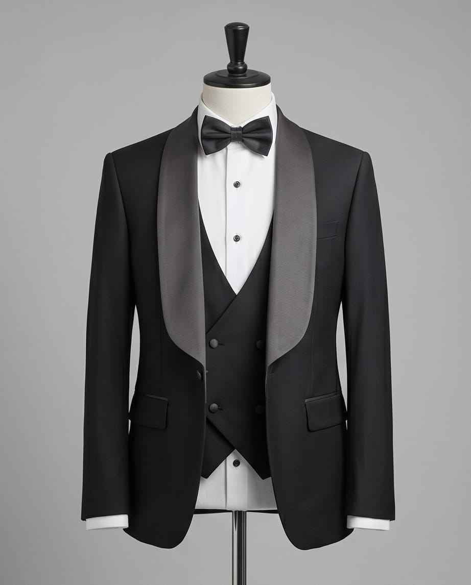 Classic Black Shawl Collar Tuxedo with Double-Breasted Vest-1