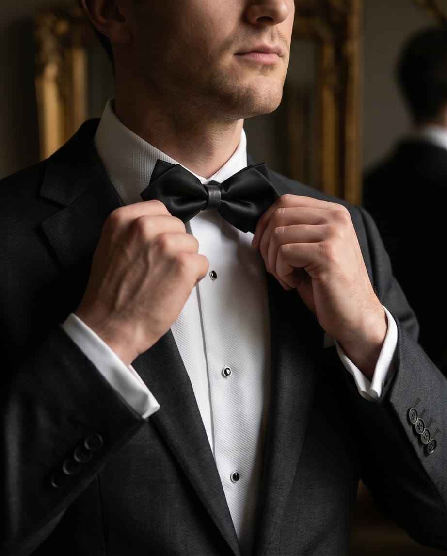 Black Satin Pre-Tied Bow Tie with Adjustable Band-2