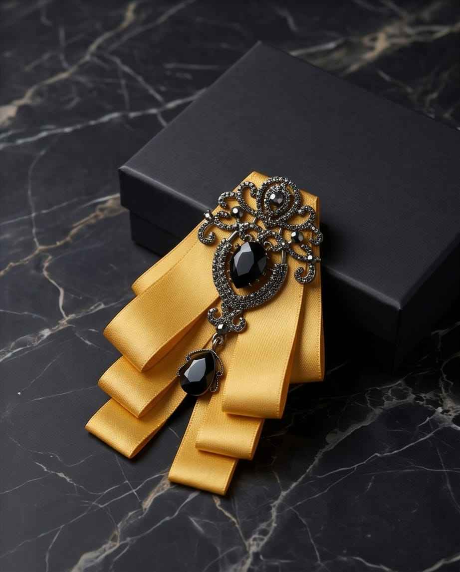 Ornate Gold Ribbon Bow with Black Crystal Embellishment-3
