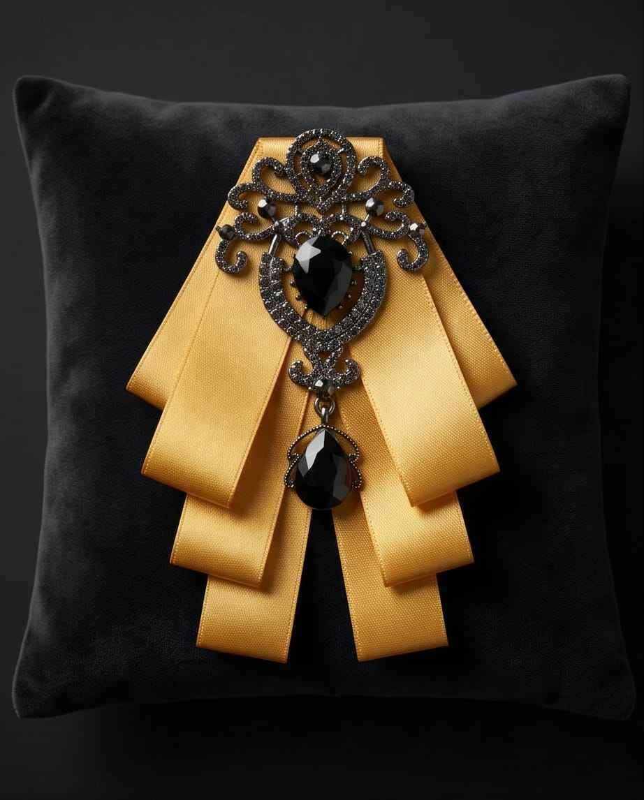 Ornate Gold Ribbon Bow with Black Crystal Embellishment-0