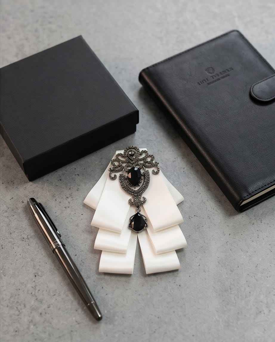 Ivory Elegance Bow Tie with Onyx-Style Gem-3