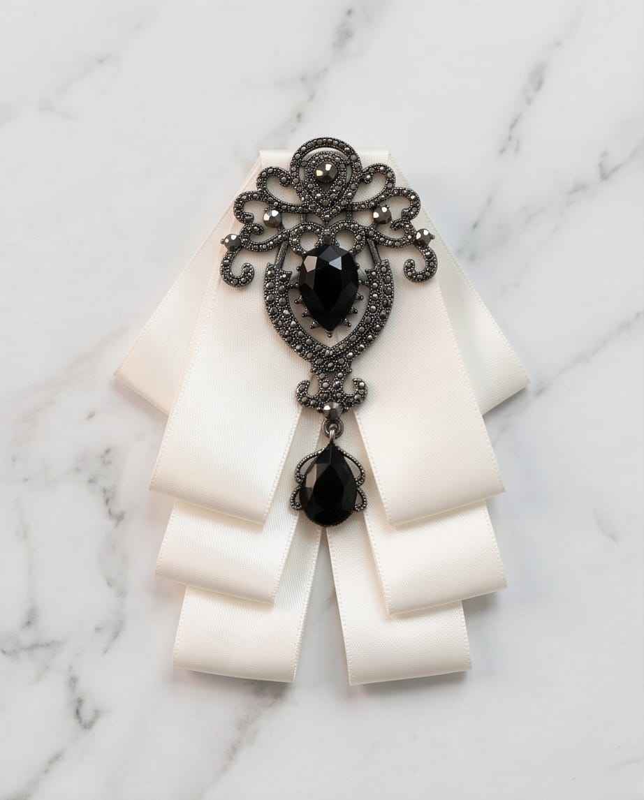Ivory Elegance Bow Tie with Onyx-Style Gem-0