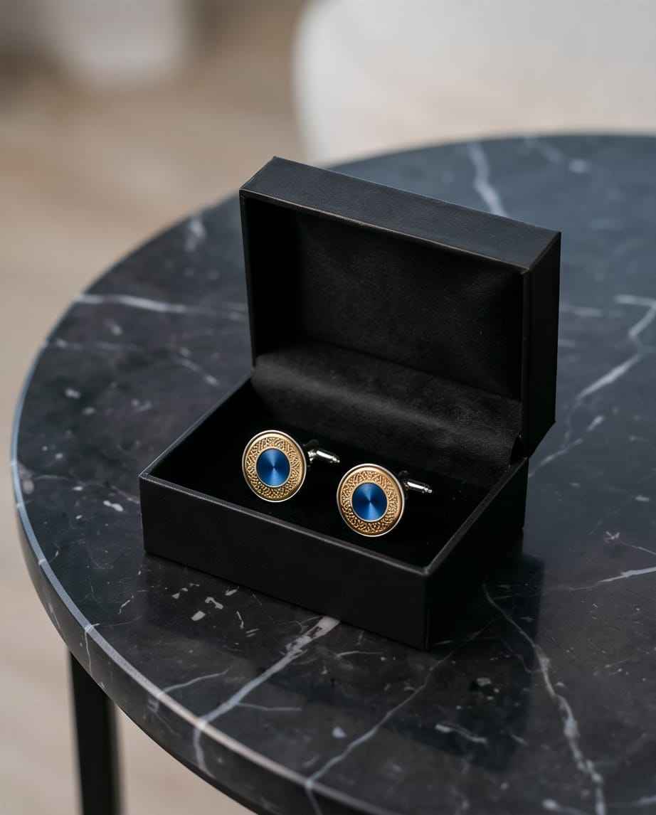 Ornate Blue & Gold Round Cufflinks-3