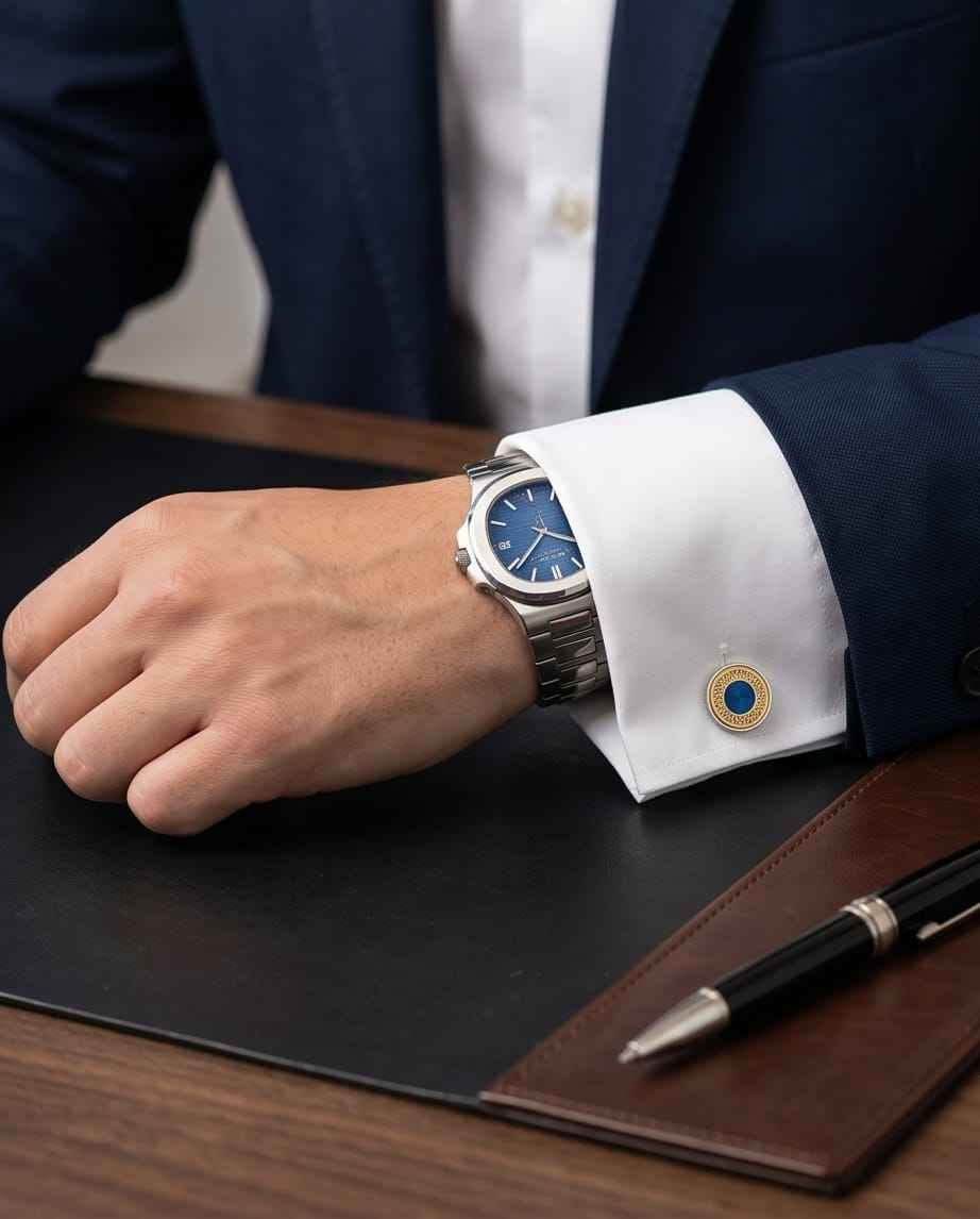 Ornate Blue & Gold Round Cufflinks-1