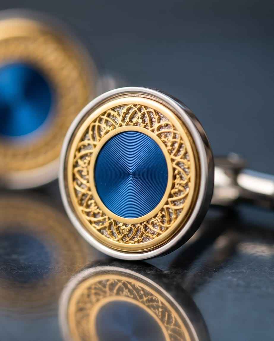 Ornate Blue & Gold Round Cufflinks-2