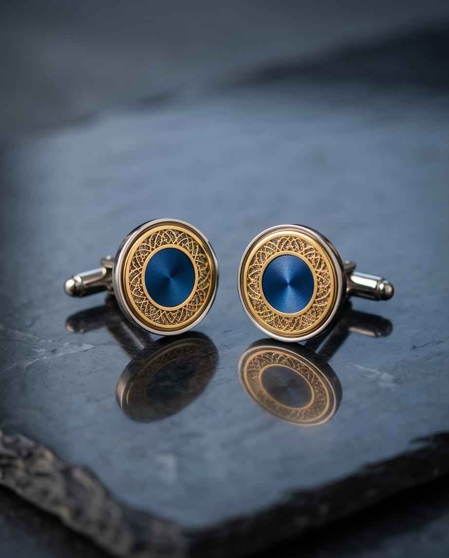 Ornate Blue & Gold Round Cufflinks-0