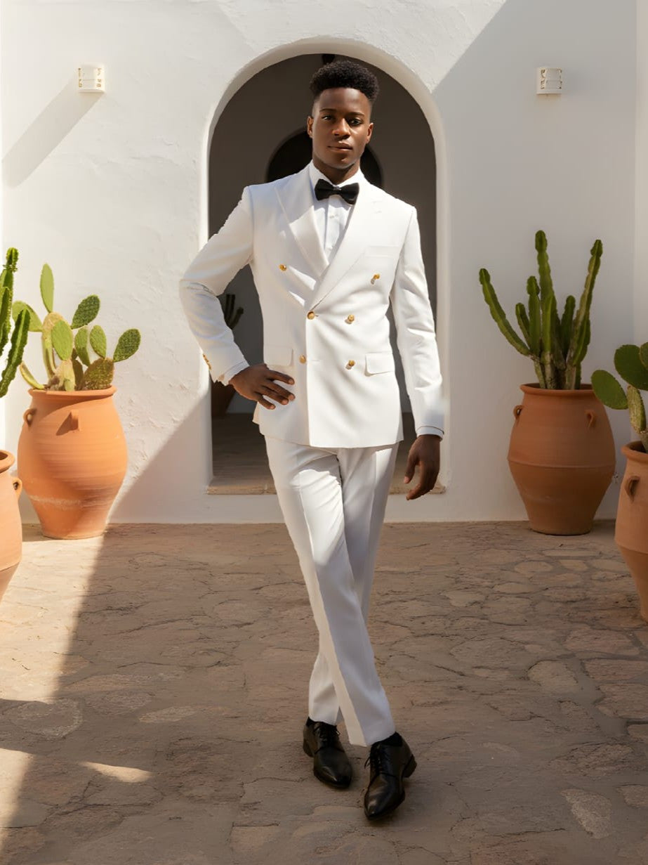 Men’s Slim Fit White Double-Breasted Wool-Blend Suit with Gold Buttons-0