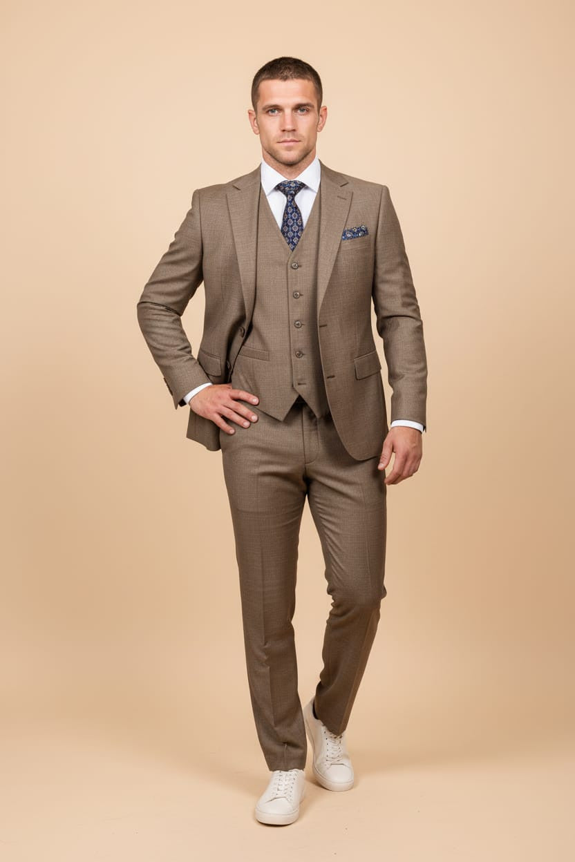 Men’s Slim Fit 3-Piece Wool-Blend Suit – Light Brown-0