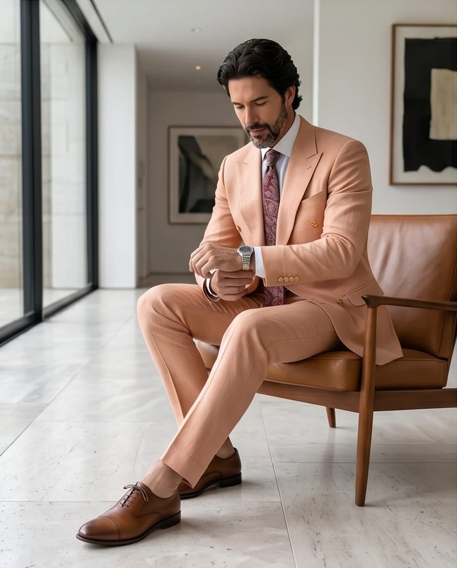 Light Salmon Slim Fit Double-Breasted Suit-2