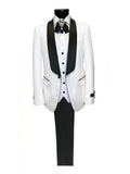 White 3-Piece Tuxedo with Black Shawl Lapel-0