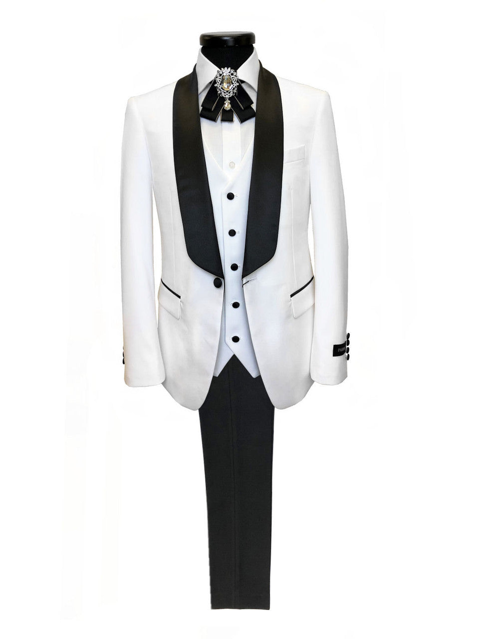 White 3-Piece Tuxedo with Black Shawl Lapel-0