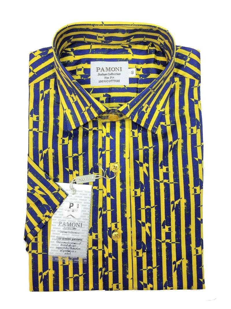 Yellow Stripe Print Design Short Sleeves Shirt-1