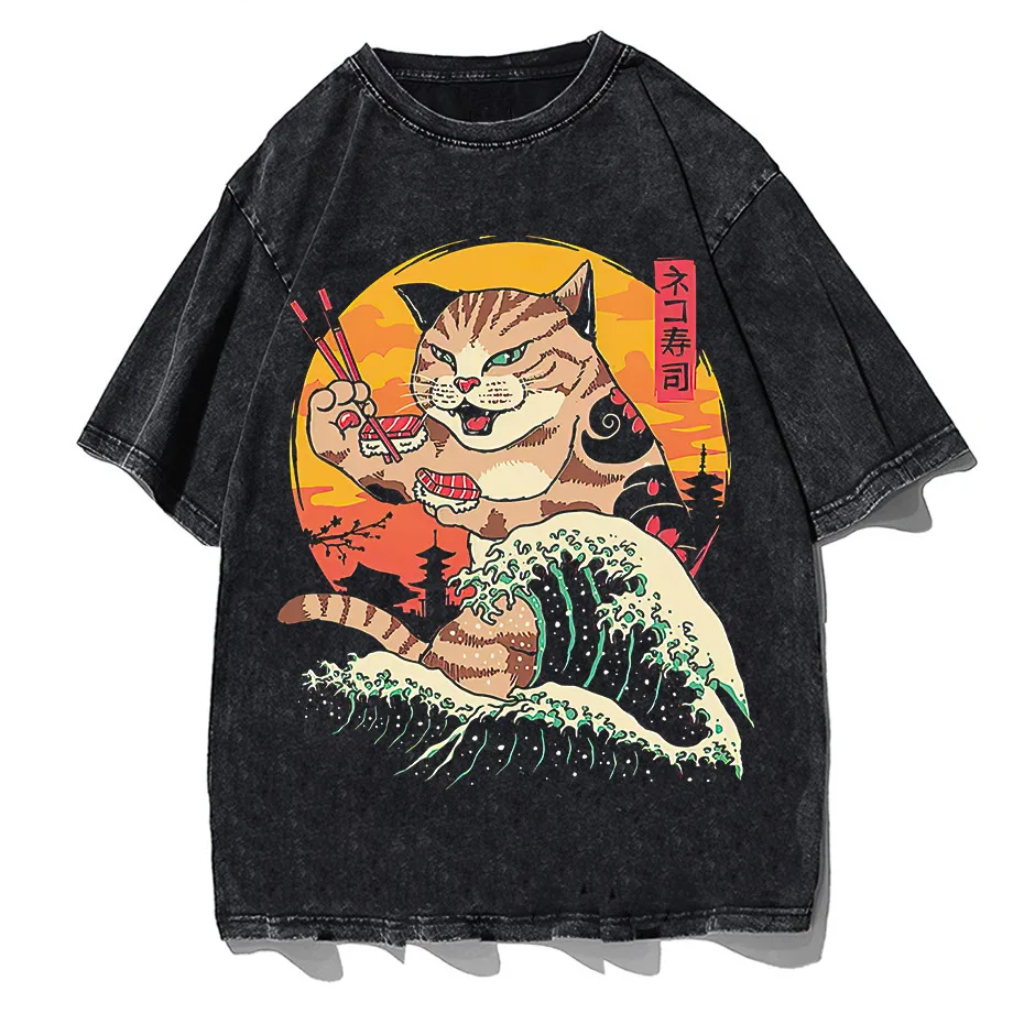 Japanese Genki Cat Anime Print Men's T-Shirt Casual O-Neck-1