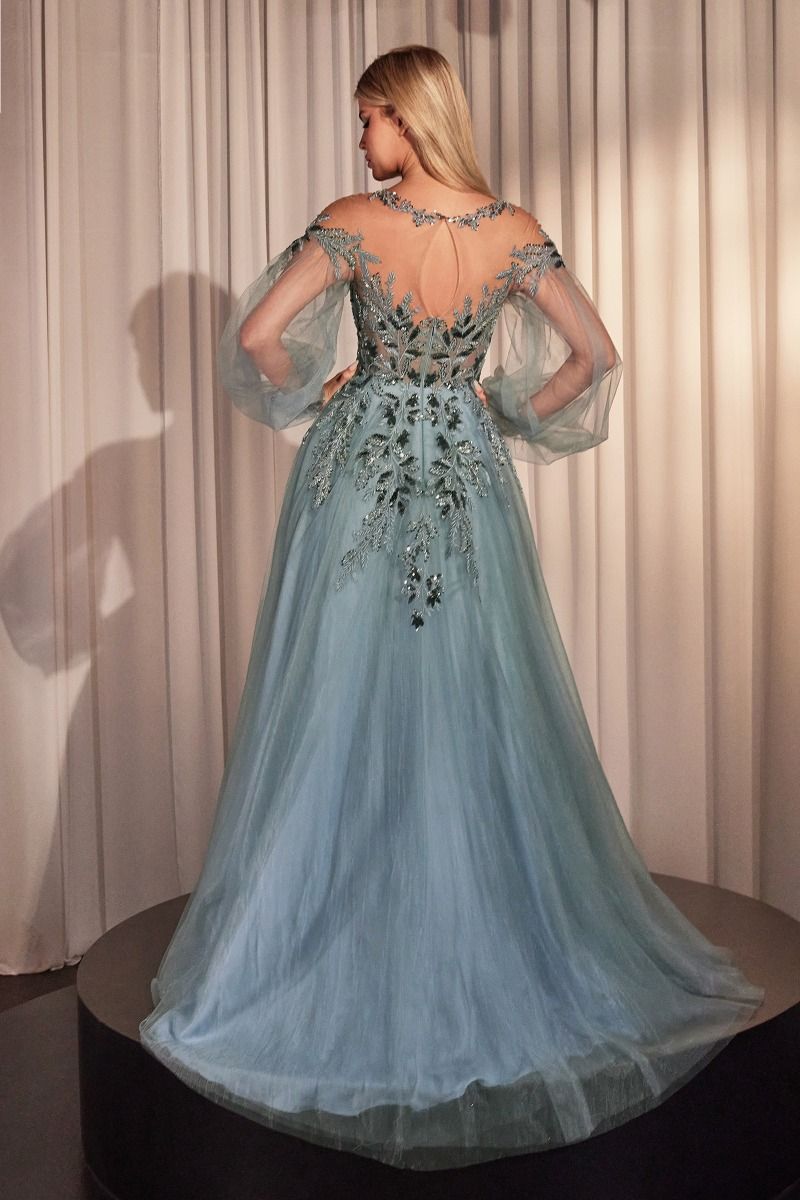 Long Sleeve A-Line Tulle & Lace Gown-0