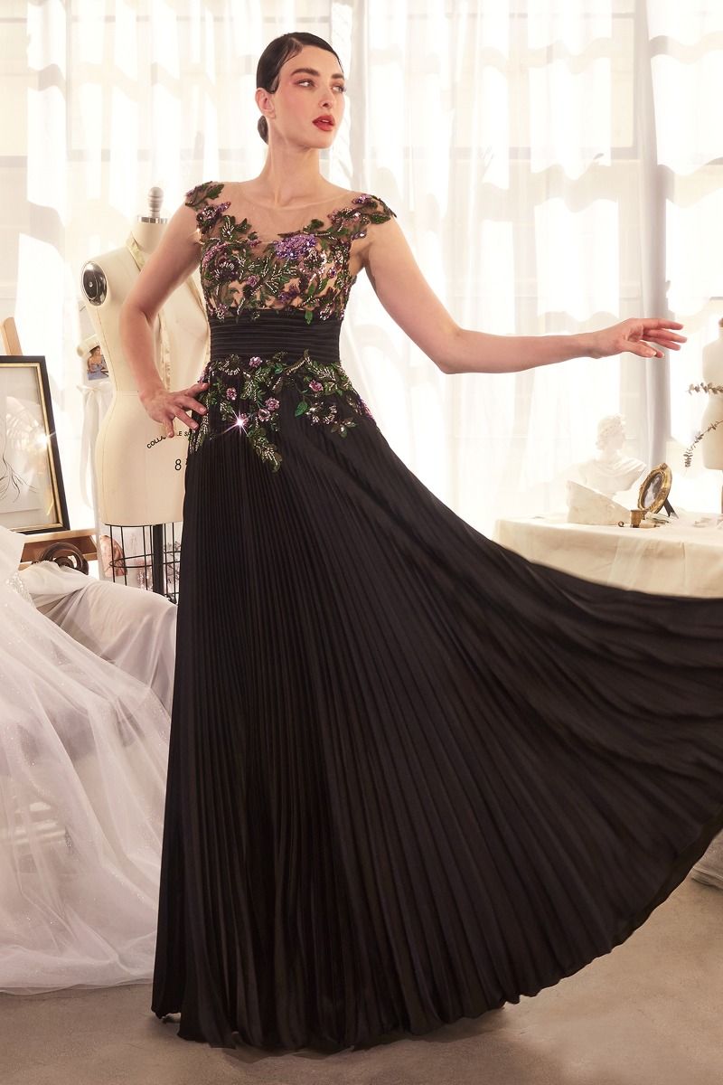 Pleated Satin & Embellished A-Line Gown-1