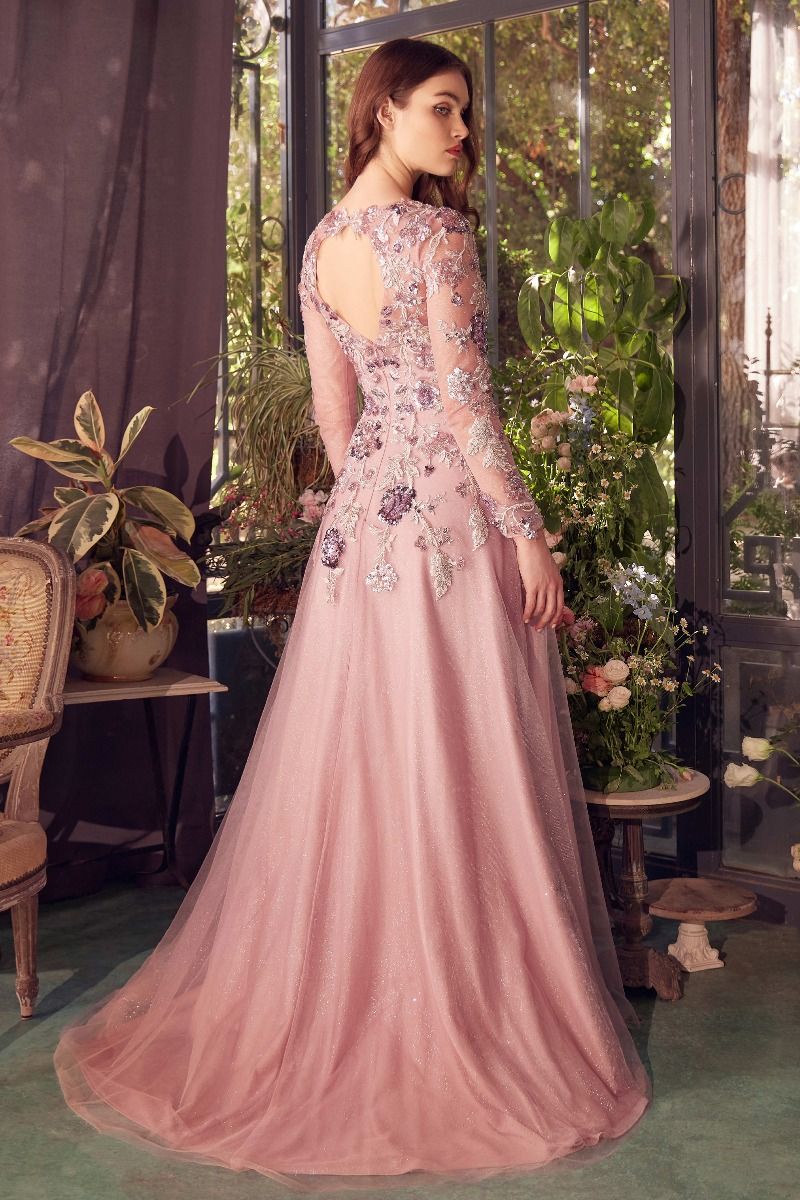 Mauve Long Sleeve Sequin Embellished A-Line Dress-1