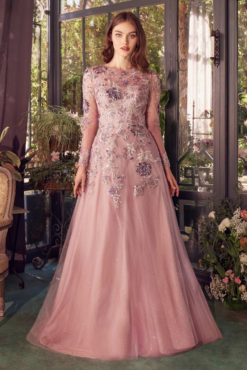Mauve Long Sleeve Sequin Embellished A-Line Dress-2