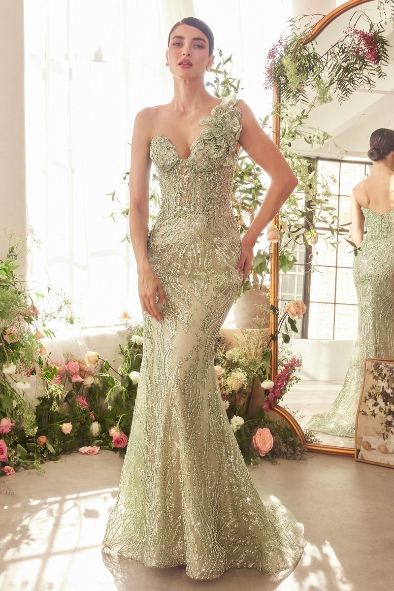 One Shoulder Fully Beaded Floral Motif Gown-2