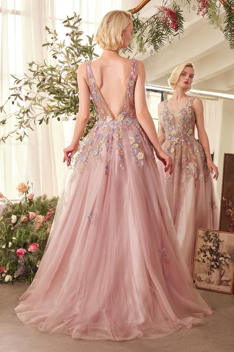 Floral Applique A-Line Layered Tulle Gown-3
