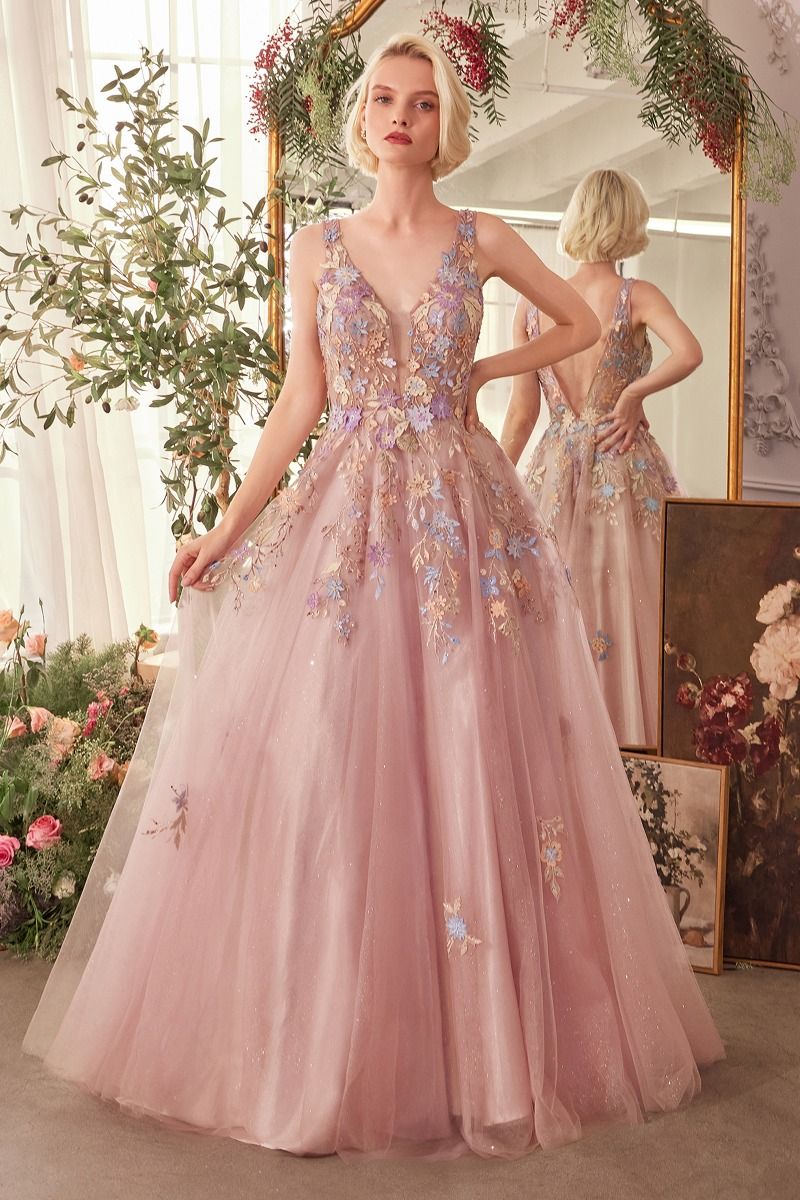 Floral Applique A-Line Layered Tulle Gown-2