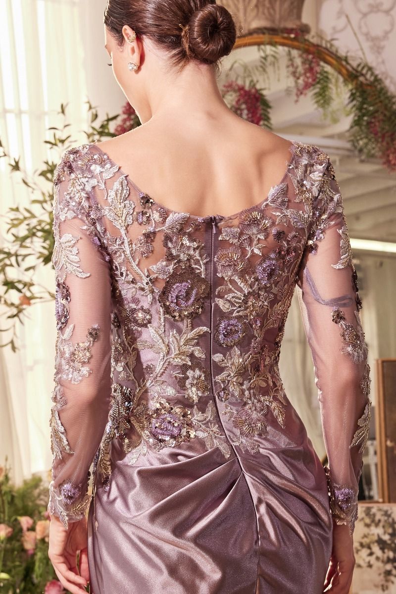 Illusion Long Sleeve Floral Sequin Evening Gown with Draped Satin Skirt-3