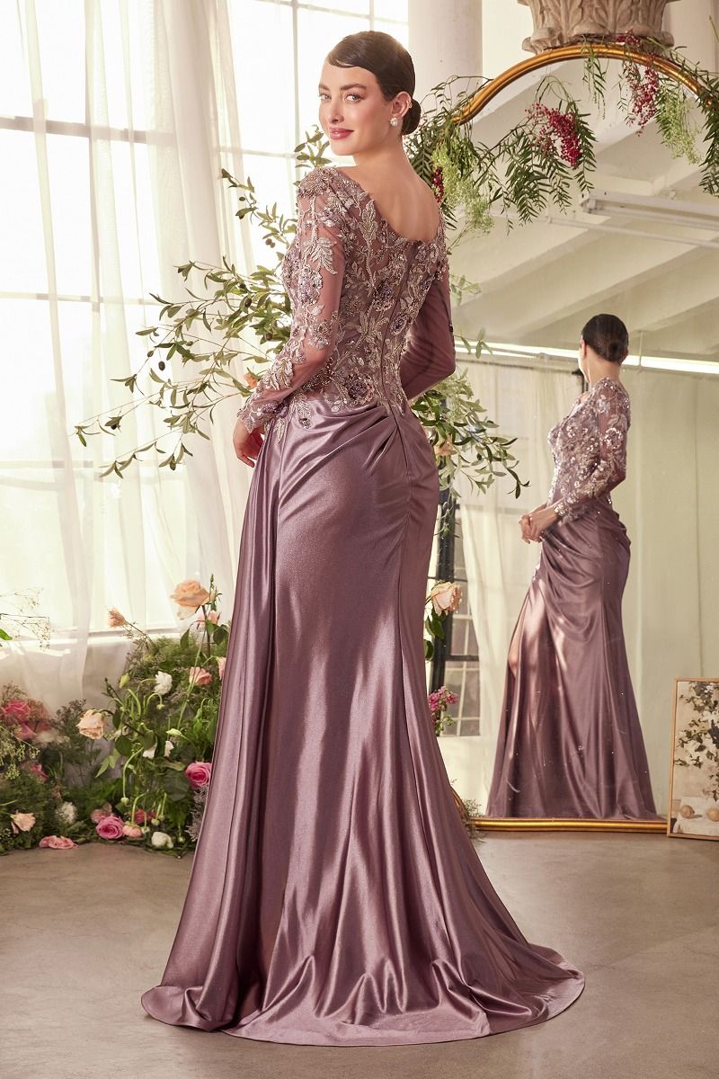 Illusion Long Sleeve Floral Sequin Evening Gown with Draped Satin Skirt-1