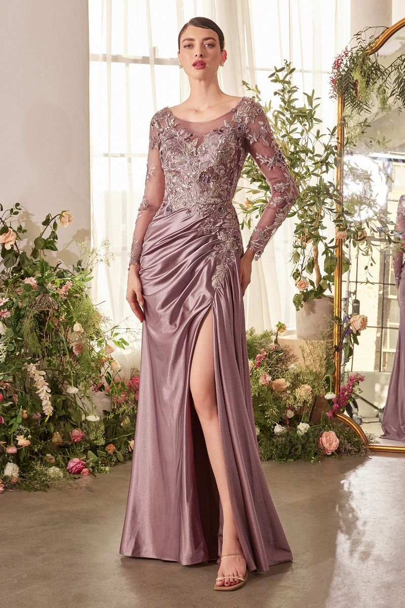 Illusion Long Sleeve Floral Sequin Evening Gown with Draped Satin Skirt-0