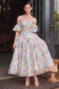 Floral Print Strapless Tea Length A-Line Dress-1