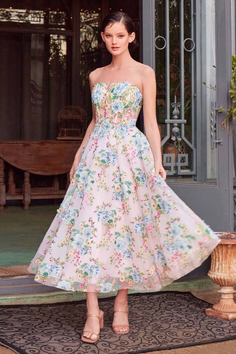 Floral Print Strapless Tea Length A-Line Dress-2
