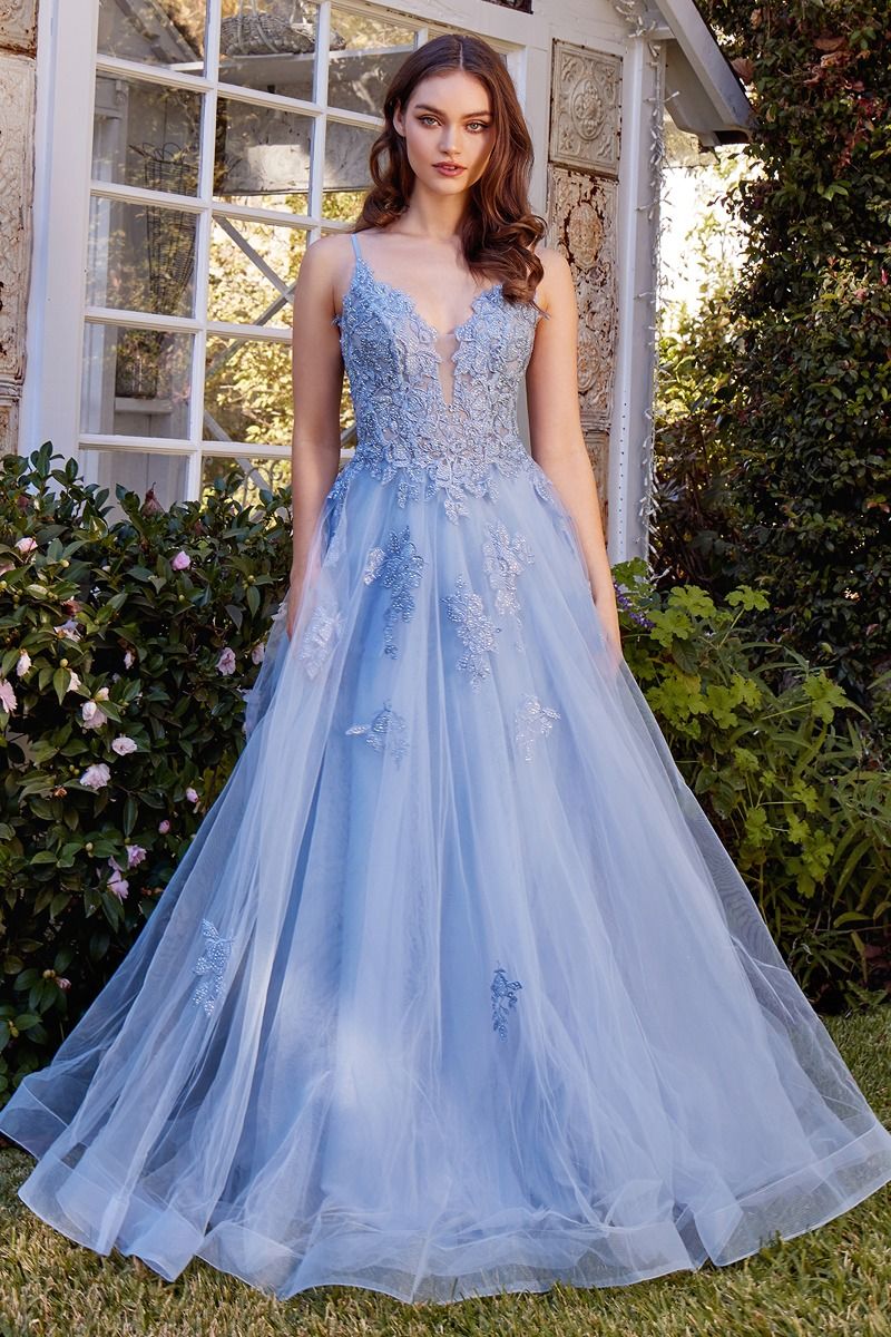 Lace Appliqued A-Line Layered Tulle Gown-4