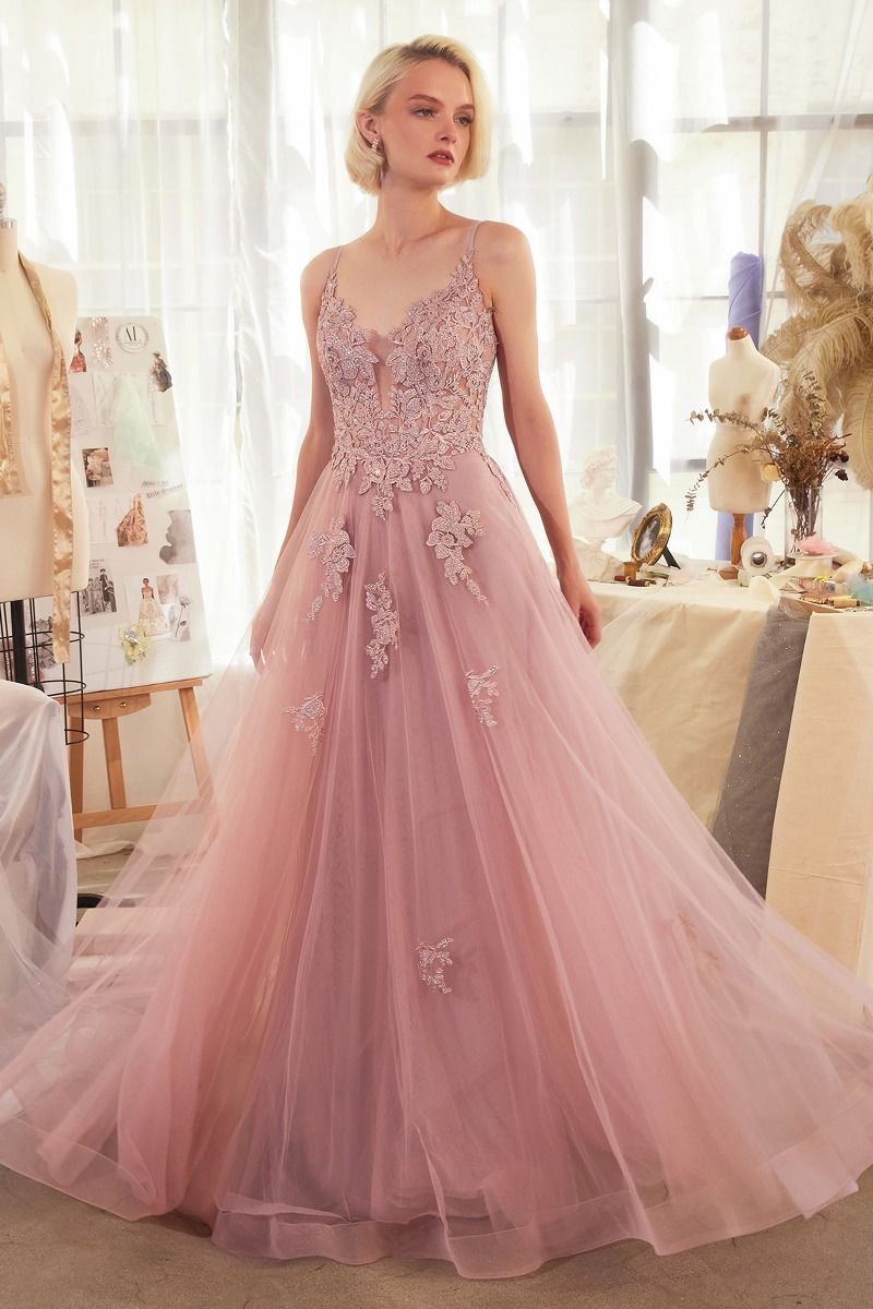 Lace Appliqued A-Line Layered Tulle Gown-0