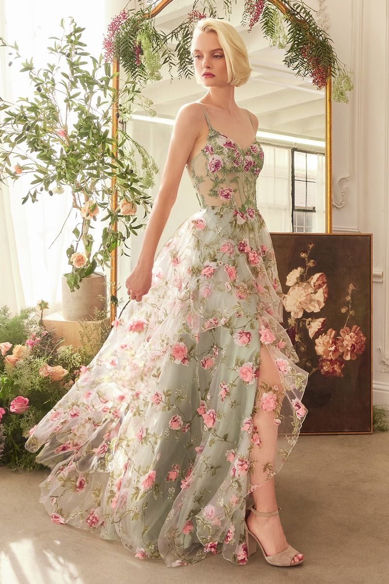 Sage Floral Print Layered A-Line Dress-2