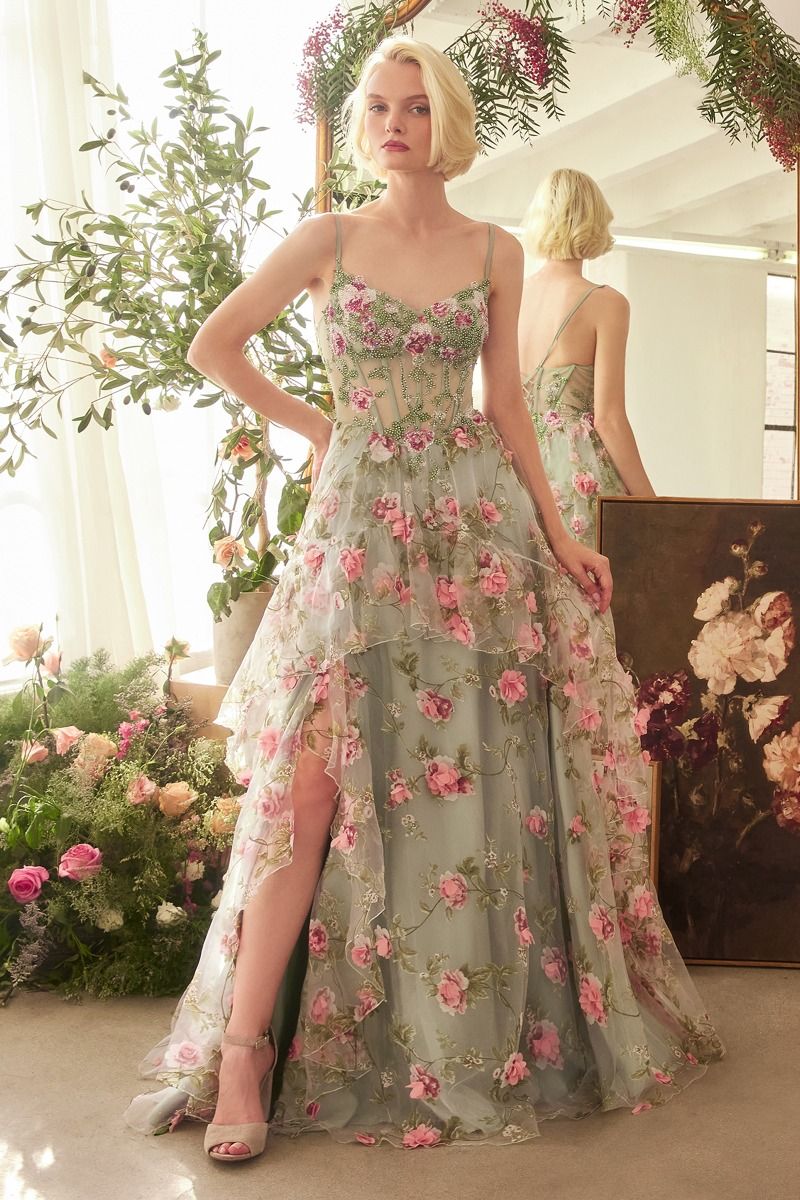 Sage Floral Print Layered A-Line Dress-1