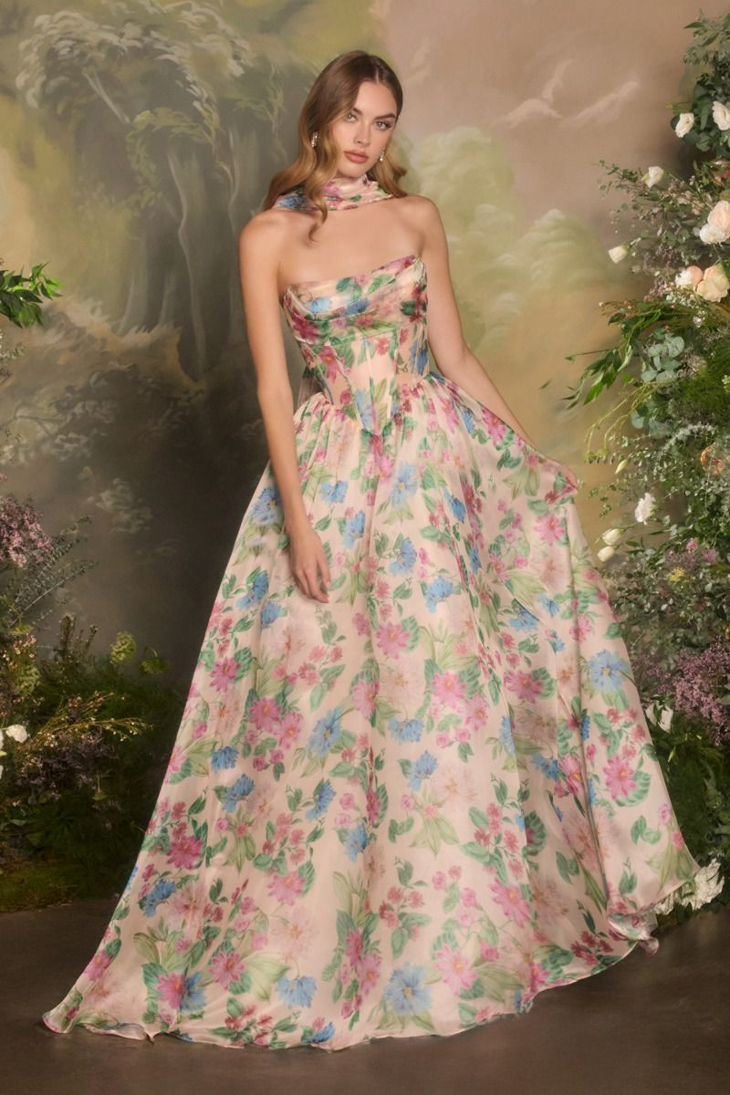 Floral Print Strapless Corset A-Line Gown with Detachable Scarf-0