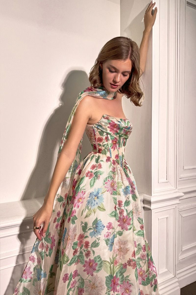 Floral Print Strapless Corset A-Line Gown with Detachable Scarf-4