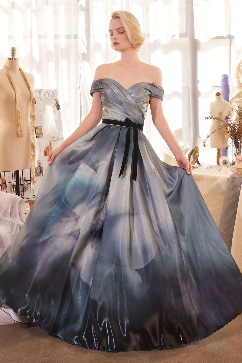Print Off The Shoulder Satin Ball Gown-2