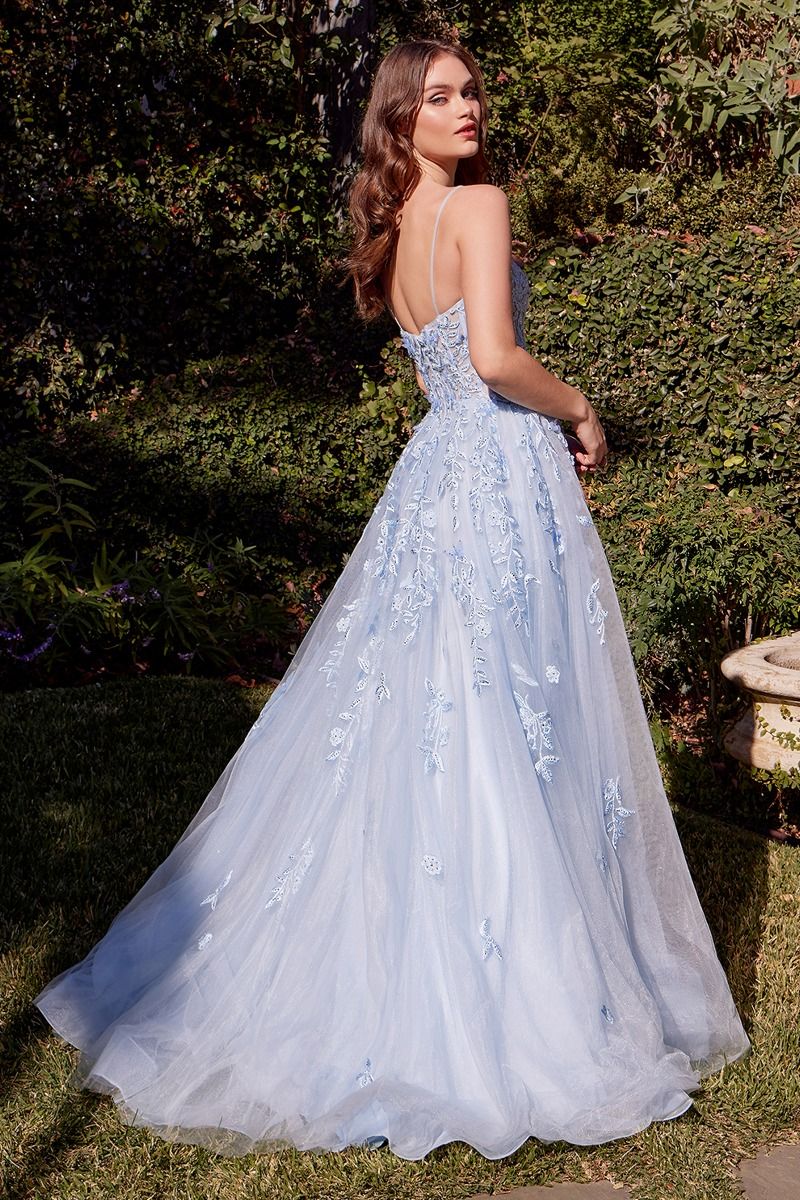 Light Blue Leaf Motif Appliqued A-Line Dress-3