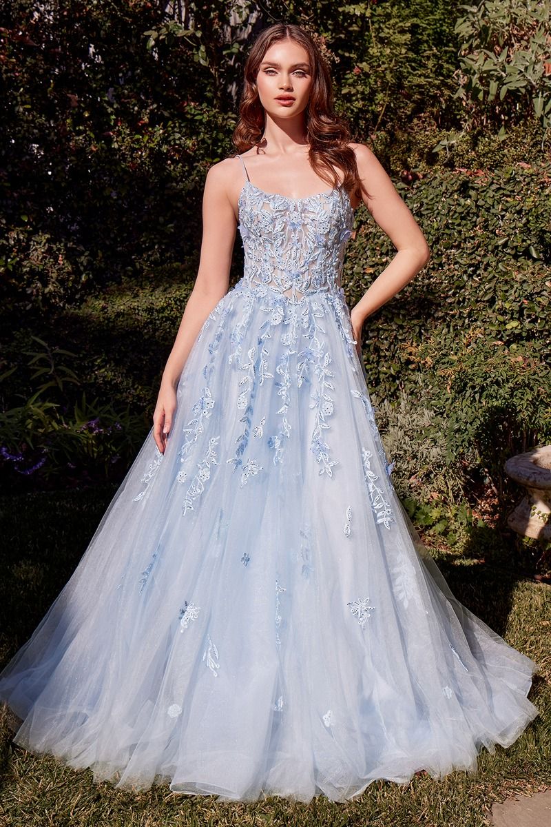 Light Blue Leaf Motif Appliqued A-Line Dress-4